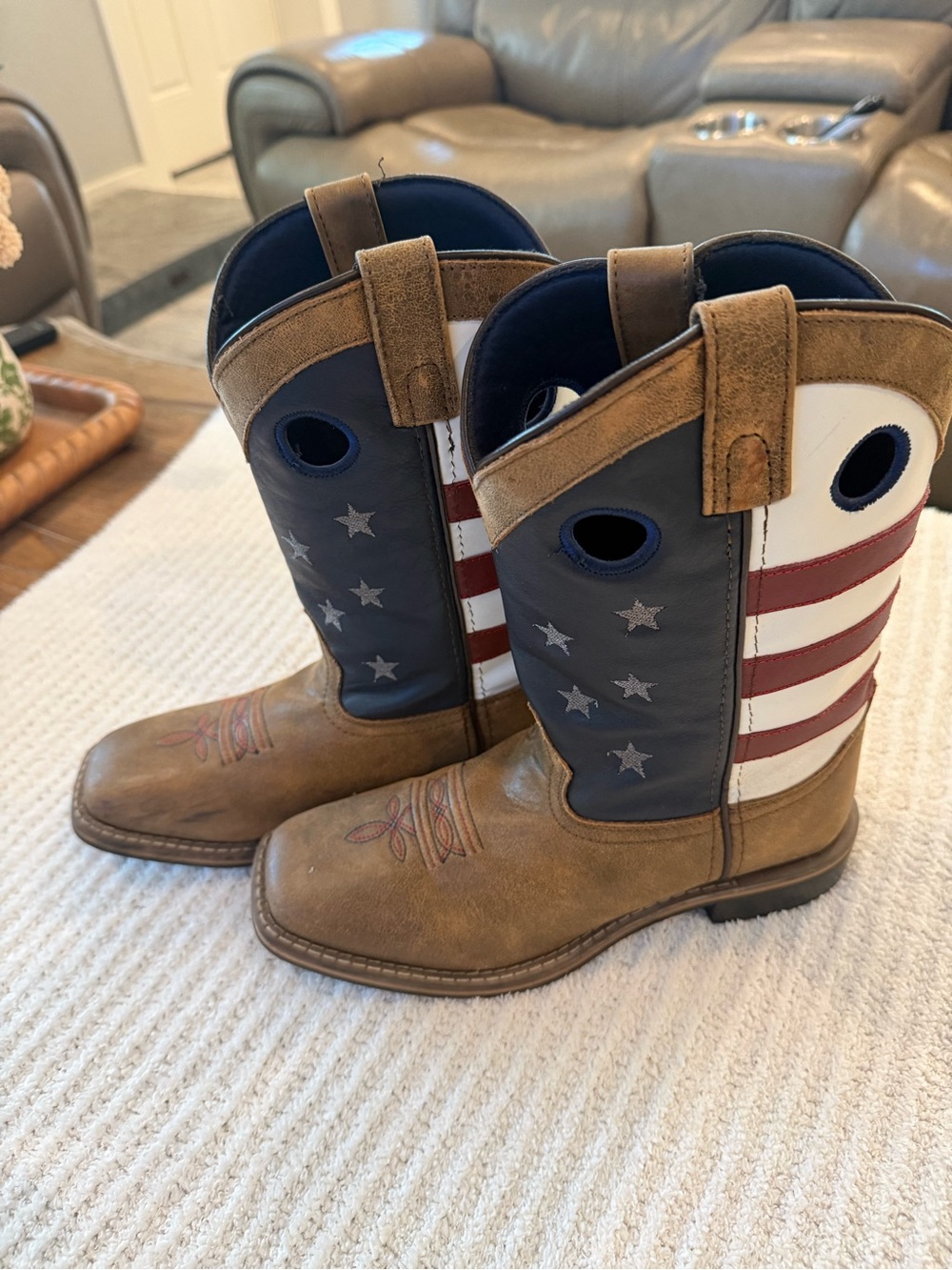 Kids Cowboy Pull-On Boots with American Flag Accent - Brown, Navy & Red